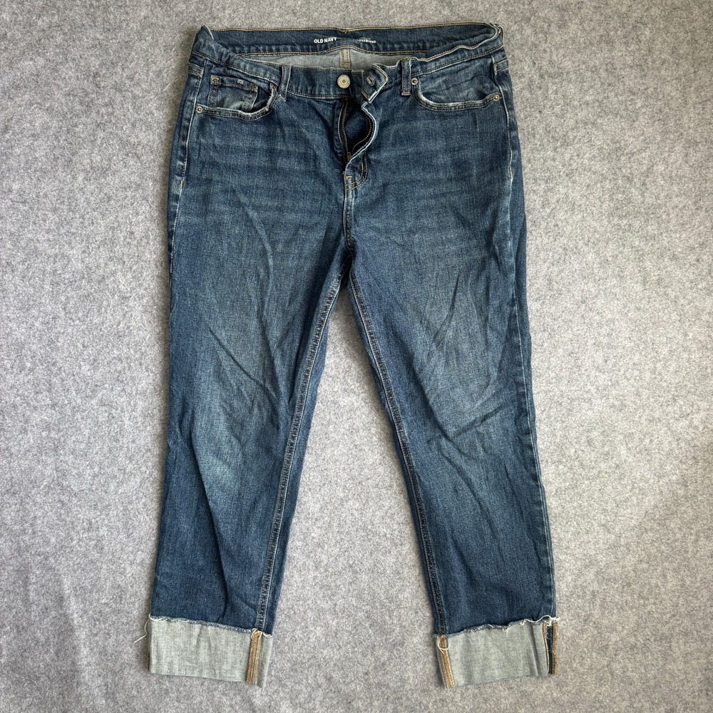 Old Navy Womens Mid Rise Boyfriend Jeans Size 10 Dark Wash Cuffed Stretch Denim